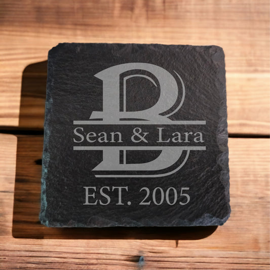 Custom Names and Date Slate Coaster Monograms (Set of 4). Pick Your Style Option!