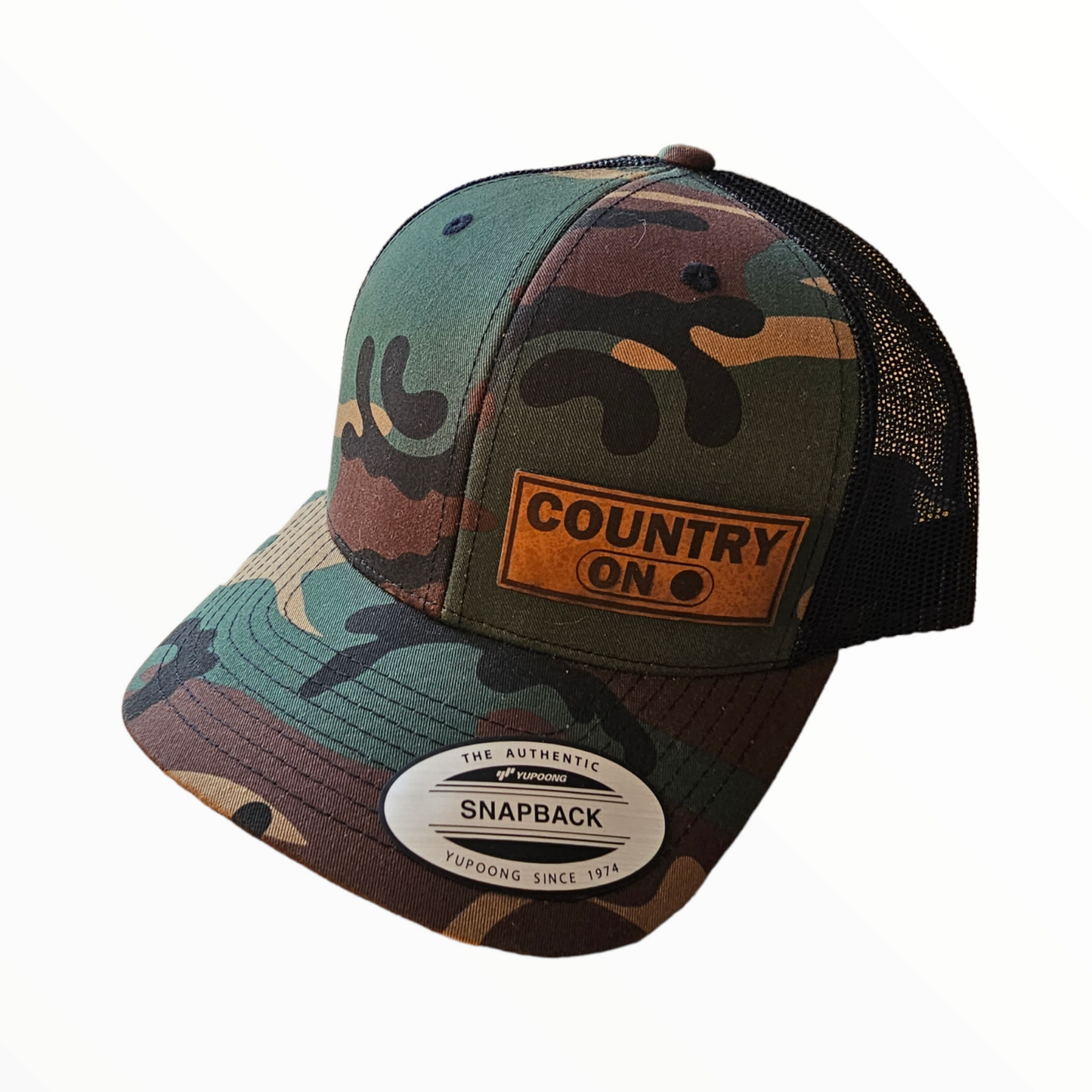Country On Side Leatherette Patch Snapback Hat (Black, Camo, Pink)