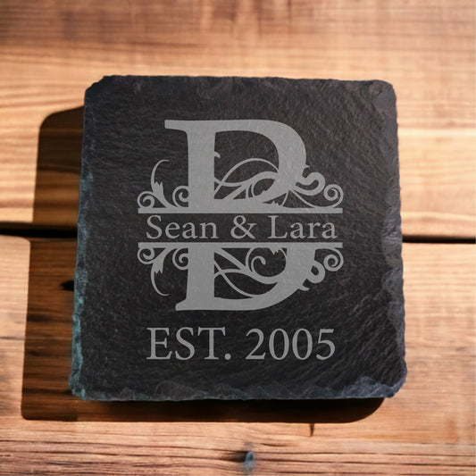 Custom Names and Date Slate Coaster Monograms (Set of 4).  Pick Your Style Option!