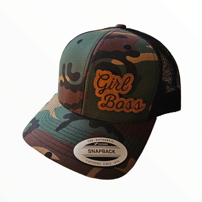 Girl Boss Side Leatherette Patch Snapback Hat (Black, Camo, Pink)
